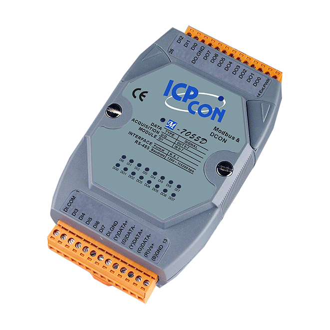M-7055D 8-ch Isolated (Dry, Wet) DI & 8-ch Isolated (Source, PNP, 10~40 VDC) DO Module with LED Display