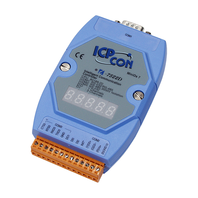 I-7522D Addressable RS-485 to 2 x RS-232/RS-485 Converter with 2 DI, 1 DO & 7-Segment LED Display