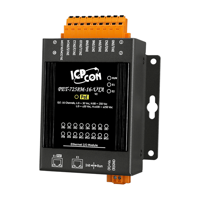 PET-7258M-16-UTA Ethernet I/O Module with 2-port Ethernet Switch and 16-ch Isolated DI, PoE (with −40°C to +75°C operating temperature) )