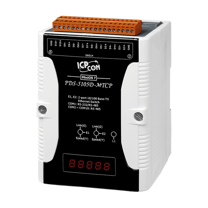PDS-5105D-MTCP Programmable (10x RS-485) Serial-to-Ethernet Device Server with 2-port Ethernet Switch, Modbus Gateway and LED Display