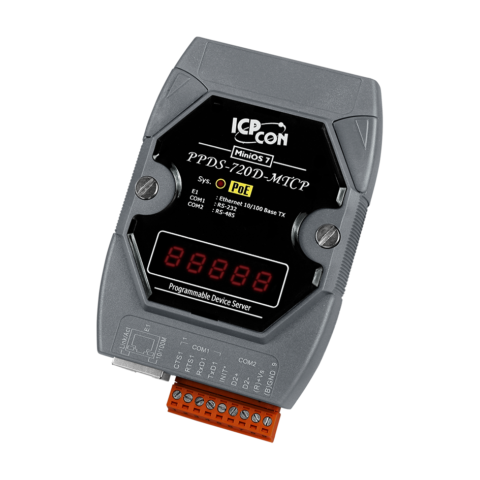 PPDS-720D-MTCP Programmable (1x RS-232 and 1x RS-485) Serial-to-Ethernet Device Server with PoE, Modbus Gateway and LED Display