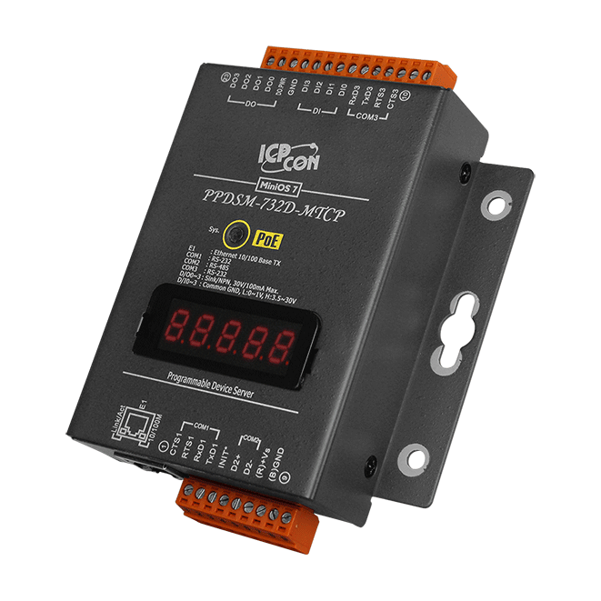 PPDSM-732D-MTCP Programmable (2x RS-232 and 1x RS-485) Serial-to-Ethernet Device Server with 4x DI, 4x DO, PoE, Modbus Gateway and LED Display (Metal Case)