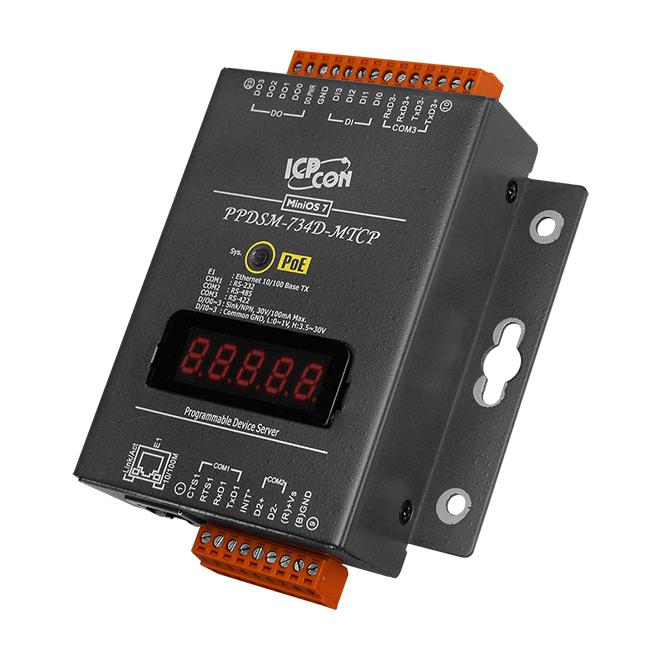 PPDSM-734D-MTCP Programmable (1x RS-232, 1x RS-485 and 1x RS-422/485) Serial-to-Ethernet Device Server with 4x DI, 4x DO, PoE, Modbus Gateway and LED Display (Metal Case)