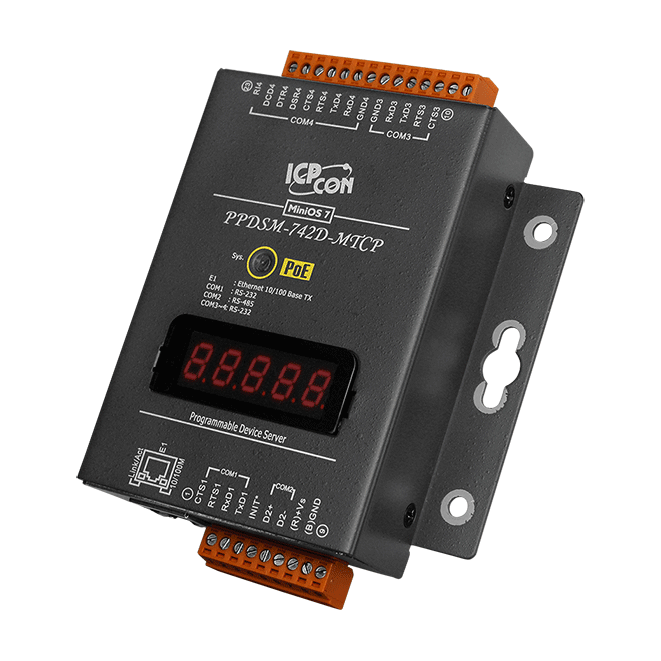PPDSM-742D-MTCP Programmable (3x RS-232 and 1x RS-485) Serial-to-Ethernet Device Server with PoE, Modbus Gateway and LED Display (Metal Case)