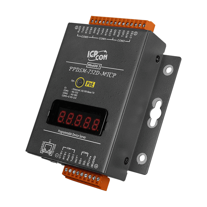 PPDSM-752D-MTCP Programmable (4x RS-232 and 1x RS-485) Serial-to-Ethernet Device Server with PoE, Modbus Gateway and LED Display (Metal Case)