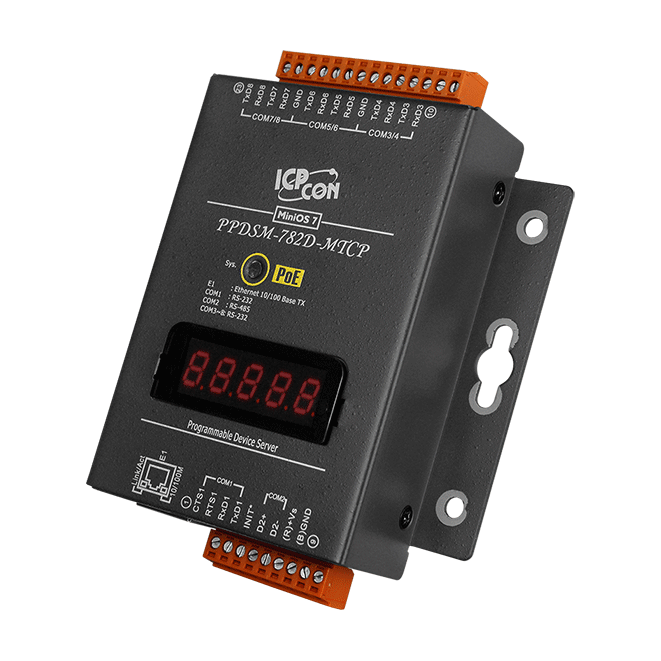 PPDSM-782D-MTCP Programmable (7x RS-232 and 1x RS-485) Serial-to-Ethernet Device Server with PoE, Modbus Gateway and LED Display (Metal Case)