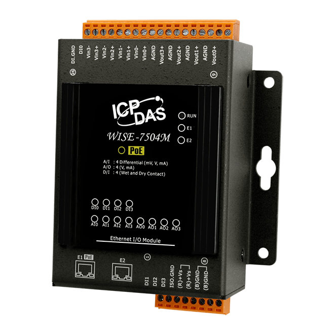 WISE-7504M Intelligent MQTT I/O Module with 4-ch AI, 4-ch AO, 4-ch DI and 2-port Ethernet Switch