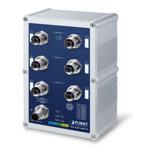 IGS-5227-6MT-X Industrial IP67-rated 6-Port 10/100/1000T M12 Managed Ethernet Switch (-40~75 degrees C, X-coded M12)