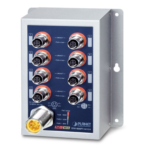 ISW-808PT-M12A Industrial 8-Port 10/100TX M12 802.3at PoE+ Switch