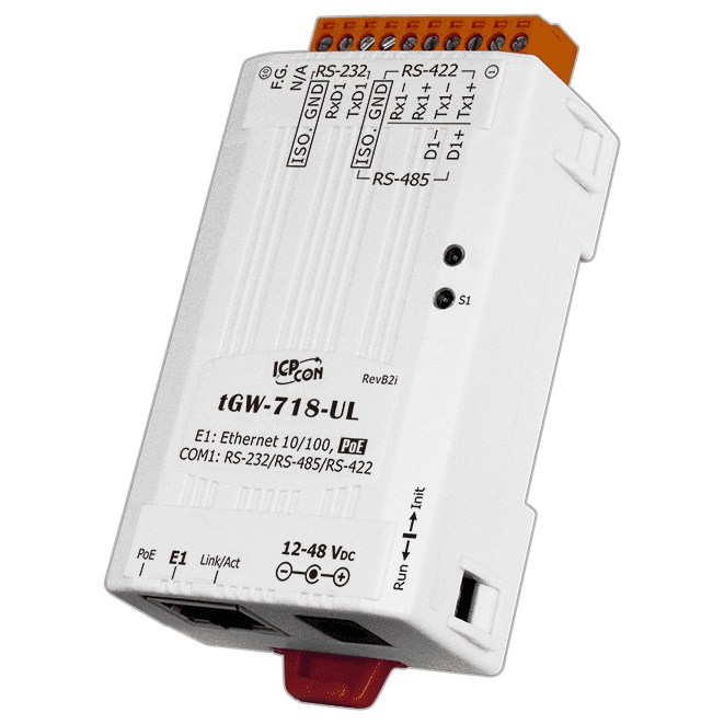 tGW-718i-UL Tiny Modbus/TCP to RTU/ASCII Gateway with PoE & 1 isolated RS-232/422/485 port (UL Approved)
