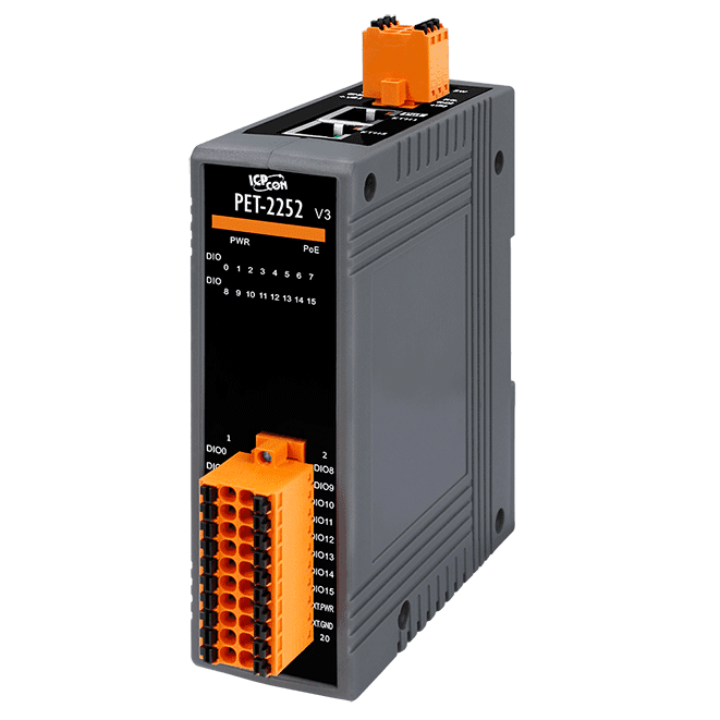PET-2252 PoE I/O Module with 2-port Ethernet Switch, Universal 16-ch DIO (DI: Sink, DO: Source, 450 mA max.)